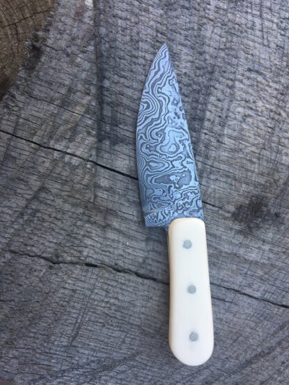 Damascus Mosaic Pattern Skinner Knife with Imitation Ivory Grip - Image 2